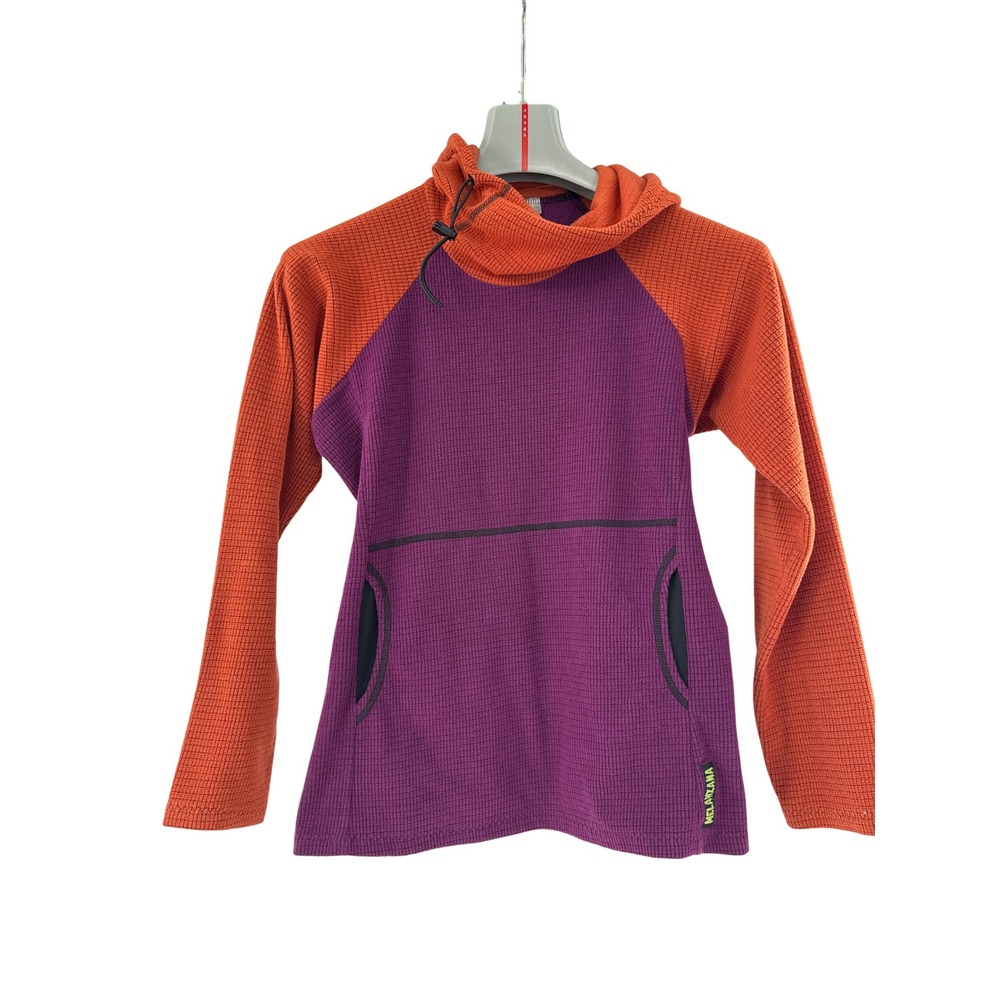 Melanzana Micro Grid Hoodie Womens S Purple Orange Pullover Cowl Neck Fleece